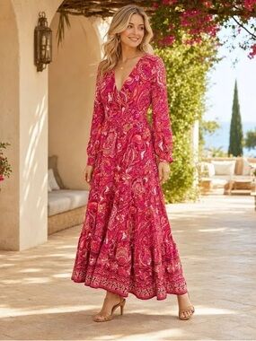 Flying Tomato Pink and Orange Paisley Maxi Dress